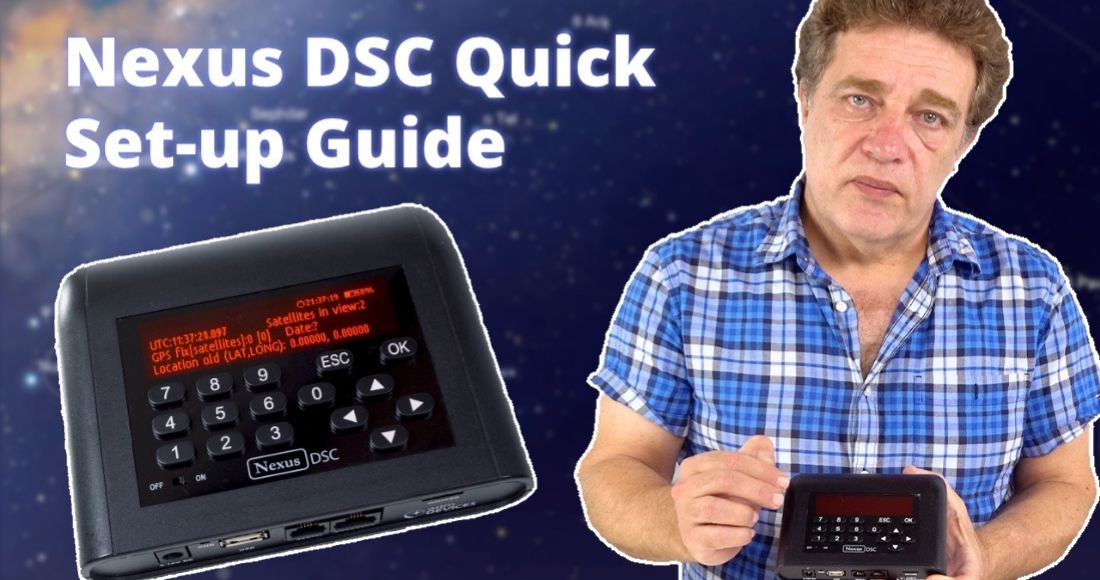 A blurred astronmical background with Serge in the foreground holding a Nexus DSC in his hands, with a larger Nexus DSC superimposed on the left side of the image