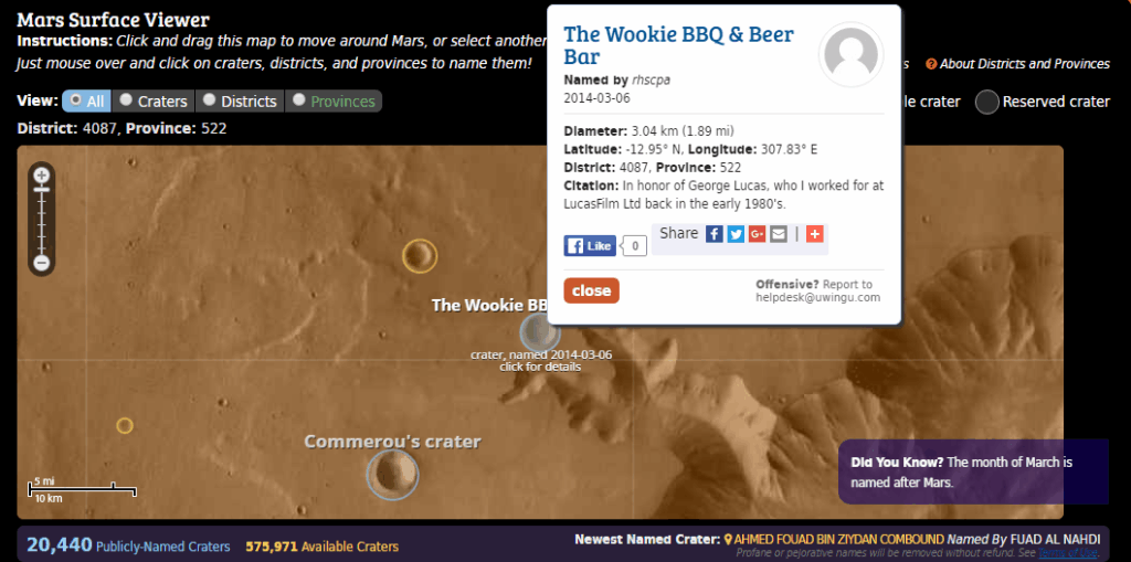 Screenshot from the Uwingu site, showing the crater named "The Wookie BBQ & Beer Bar".