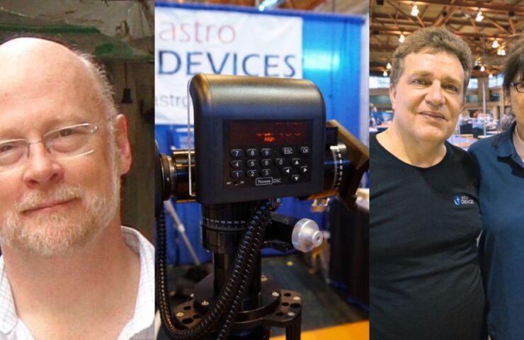 Three photos evenly split - the left a headshot of Keith Venables aka AstroKeith, the middle is of the Nexus DSC mounted in a blue expo booth with the Astro Devices logo blurred in the background, and the right is of Serge and Farah from Telescopes.net smiling together on the conference floor.