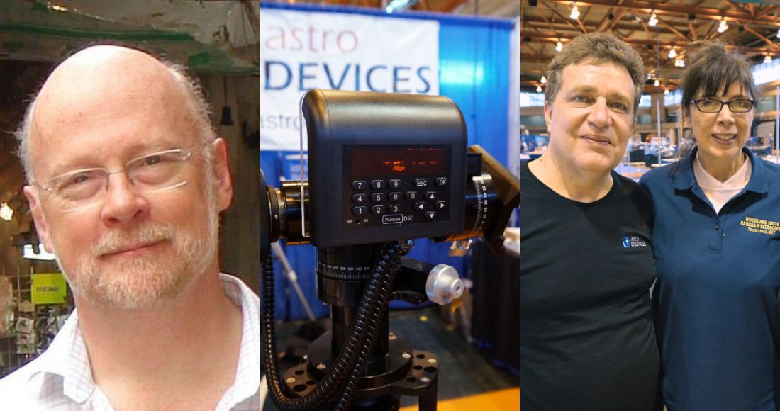 Three photos evenly split - the left a headshot of Keith Venables aka AstroKeith, the middle is of the Nexus DSC mounted in a blue expo booth with the Astro Devices logo blurred in the background, and the right is of Serge and Farah from Telescopes.net smiling together on the conference floor.