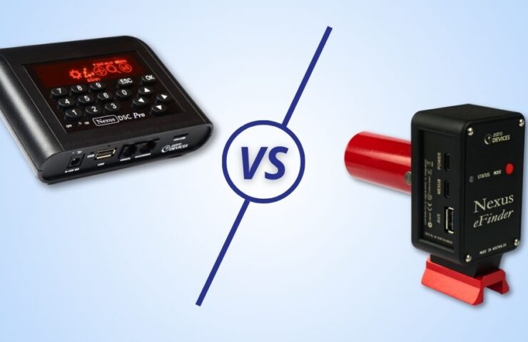 A gradient white and blue background split in half with a VS graphic. On the left is the Nexus DSC Pro and on the right is the Nexus eFinder