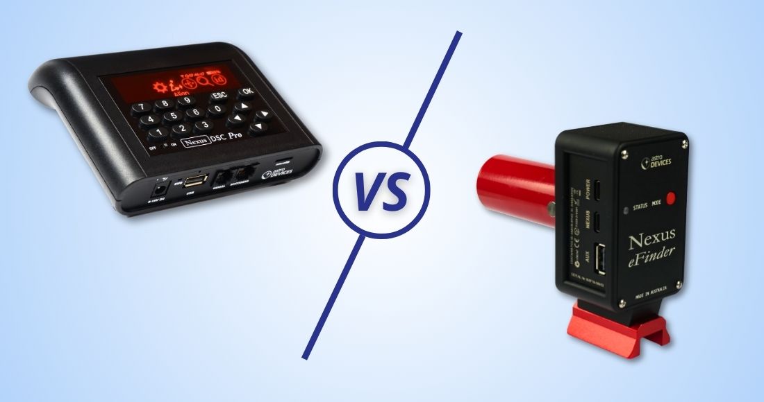 A gradient white and blue background split in half with a VS graphic. On the left is the Nexus DSC Pro and on the right is the Nexus eFinder