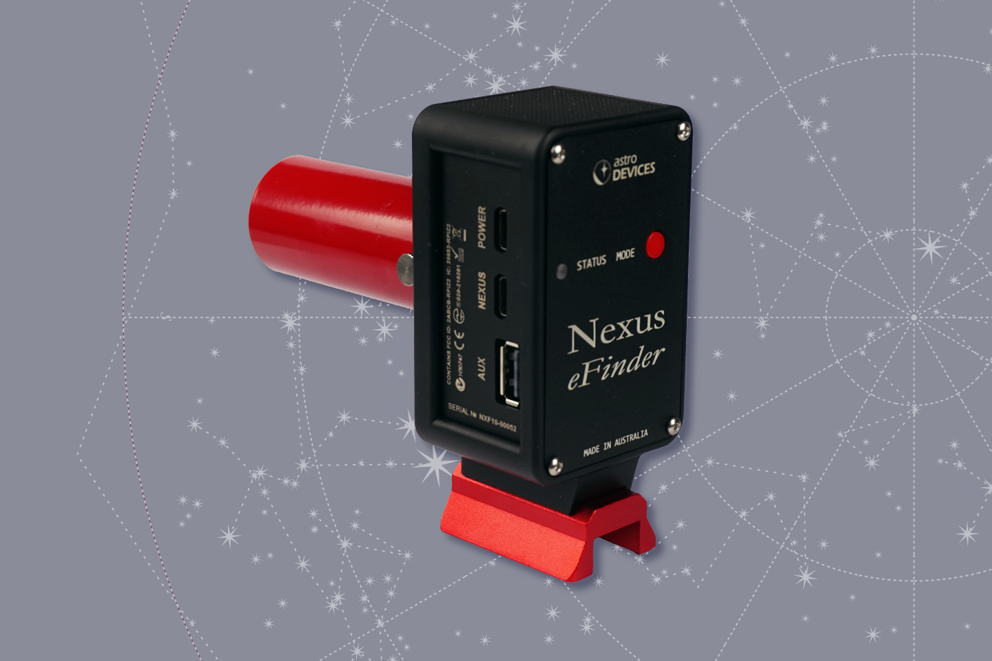 A black Nexus eFinder on a grey background with a constellation map on it